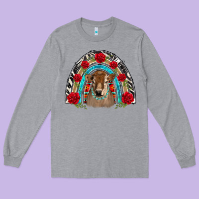 Brown Baby Cow Floral Rose Rainbow Long Sleeve Tee Designed By Barkaloodesign