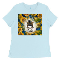 Baby Blue sunflowers messy bun mama Ladies Tee - BarkalooDesign