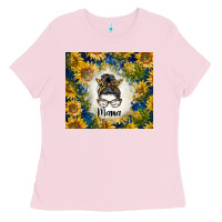 Bubblegum Pink sunflowers messy bun mama Ladies Tee - BarkalooDesign