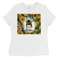 White sunflowers messy bun mama Ladies Tee - BarkalooDesign