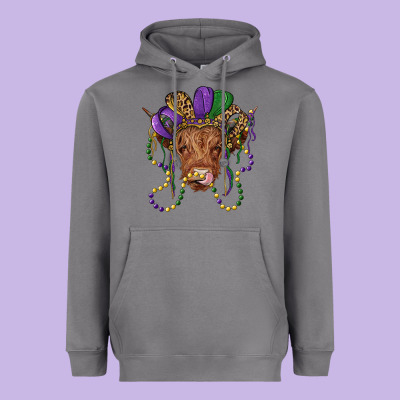 Highland Cow With Mardi Gras Hat Heavyweight Hoodie Designed By Ranaportraitstore