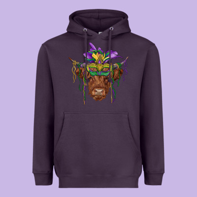 Mardi Gras Mask Highland Cow Heavyweight Hoodie Designed By Ranaportraitstore