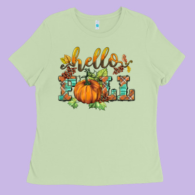 Hello Fall Pumpkin Ladies Tee Designed By Barkaloodesign