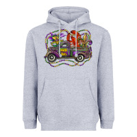 Heather Grey mardi gras truck with mask fleur de lis and crawfish Heavyweight Hoodie - RanaPortraitStore