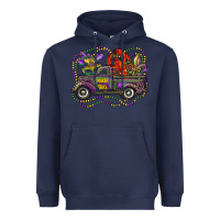 Navy mardi gras truck with mask fleur de lis and crawfish Heavyweight Hoodie - RanaPortraitStore