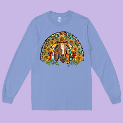 Western Leopard Sunflower Goat Rainbow Long Sleeve Tee Designed By Barkaloodesign