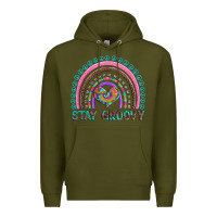 Army Green stay groovy with rainbow and heart Premium Hoodie - Artiststas