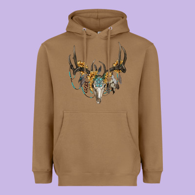 Boho Deer Skull Sunflowers And Gemstone Heavyweight Hoodie Designed By Ranaportraitstore