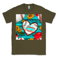 Army Green baseball hearts and sunflowers with turquoise gemstone seamless patter Classic Tee - BundleAndBundleShop