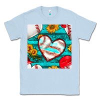 Dusty Blue baseball hearts and sunflowers with turquoise gemstone seamless patter Classic Tee - BundleAndBundleShop