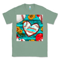 Sage baseball hearts and sunflowers with turquoise gemstone seamless patter Classic Tee - BundleAndBundleShop