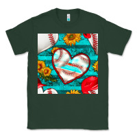 Sports Green baseball hearts and sunflowers with turquoise gemstone seamless patter Classic Tee - BundleAndBundleShop