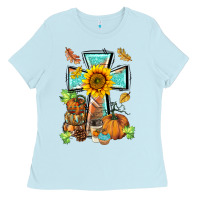 Baby Blue western thankful cross pumpkin Ladies Tee - BarkalooDesign