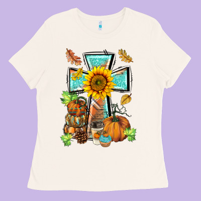 Western Thankful Cross Pumpkin Ladies Tee Designed By Barkaloodesign