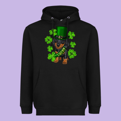 St. Patrick's Day Lucky Dachshund Puppy Heavyweight Hoodie Designed By Ranaportraitstore