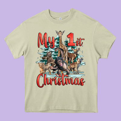 My First Christmas Baby Safari Animals Heavy Core Tee Designed By Lillyallendesigns