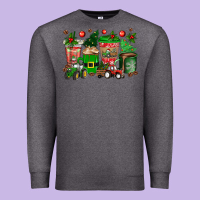 Christmas Tractor Coffee Cups Premium Sweatshirt Designed By Texasbilliewilder