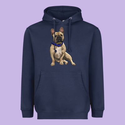French Bulldog With Royal Blue Heavyweight Hoodie Designed By Ranaportraitstore