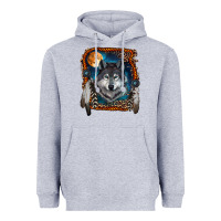Heather Grey wolf and feathers Heavyweight Hoodie - RanaPortraitStore