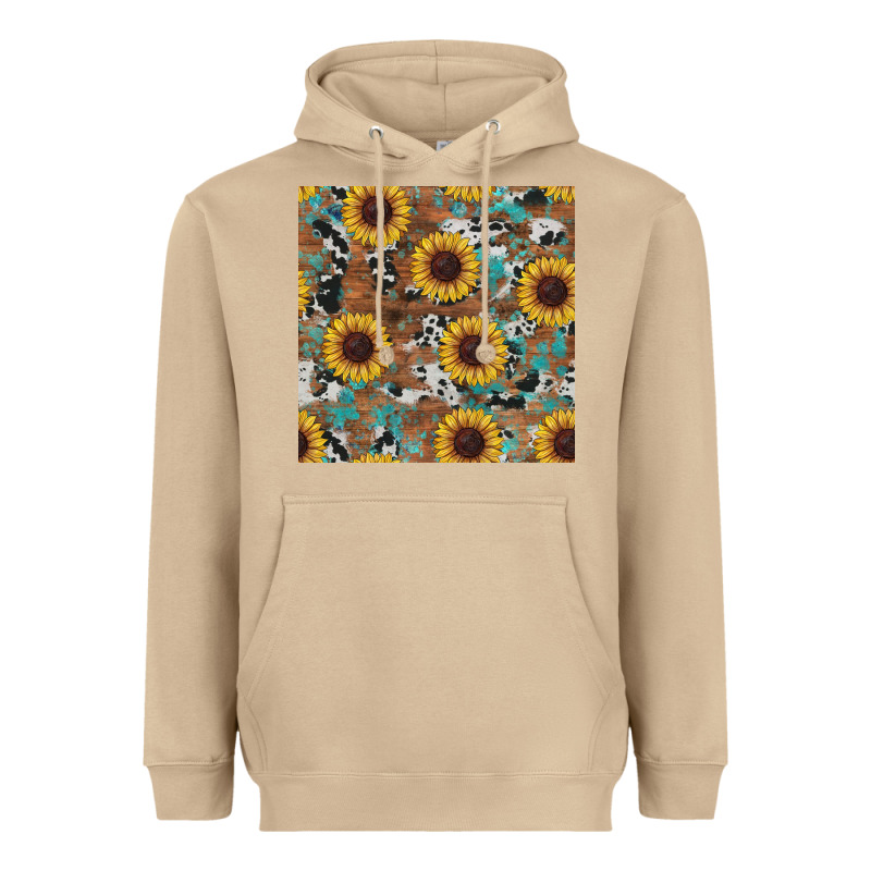 Western Sunflowers Turquoise Cowhide Seamless Background Heavyweight Hoodie by RanaPortraitStore | Teevron