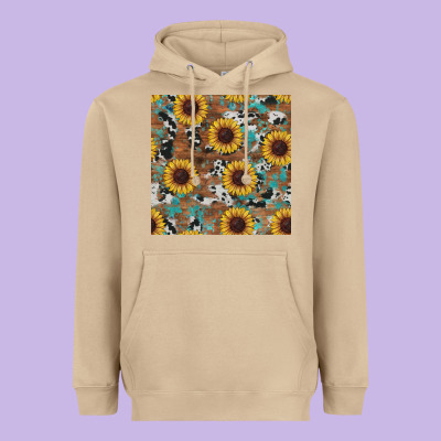 Western Sunflowers Turquoise Cowhide Seamless Background Heavyweight Hoodie Designed By Ranaportraitstore
