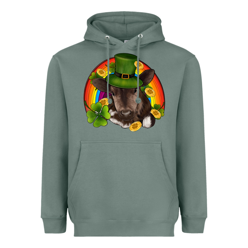 St Patricks Day Baby Cow Shamrock Rainbow Gold Heavyweight Hoodie by RanaPortraitStore | Teevron
