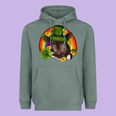 St Patricks Day Baby Cow Shamrock Rainbow Gold Heavyweight Hoodie Designed By Ranaportraitstore