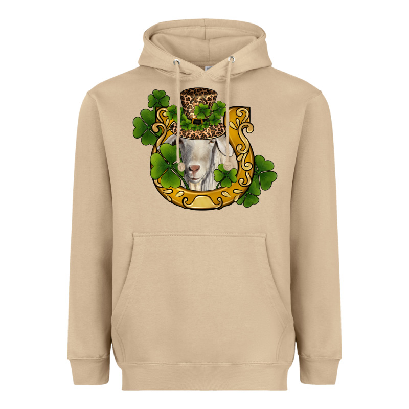 St Patricks Day Goat Horseshoe Shamrock Heavyweight Hoodie by RanaPortraitStore | Teevron