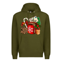 Army Green Christmas hot chocolate cup with gift and letters Premium Hoodie - AdoDesignShop