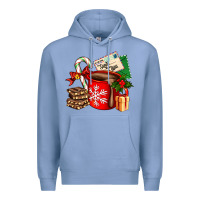 Colony Blue Christmas hot chocolate cup with gift and letters Premium Hoodie - AdoDesignShop