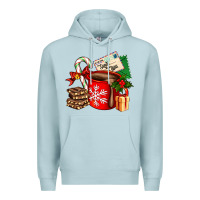 Blue Mist Christmas hot chocolate cup with gift and letters Premium Hoodie - AdoDesignShop