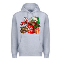 Heather Grey Christmas hot chocolate cup with gift and letters Premium Hoodie - AdoDesignShop