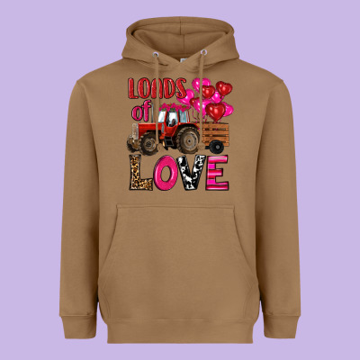 Heavyweight Hoodie valentine's day loads of love tractor with pin heart balloons