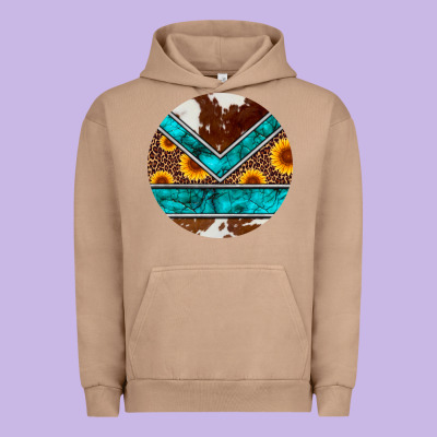 Turquoise Cowhide Leopard Sunflowers Round Urban Hoodie Designed By Artiststas