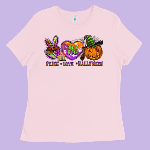 Peace Love Halloween Ladies Tee Designed By Barkaloodesign