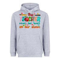 Heather Grey this teacher wears her heart on her sleeve Heavyweight Hoodie - texasbilliewilder