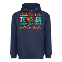 Navy this teacher wears her heart on her sleeve Heavyweight Hoodie - texasbilliewilder
