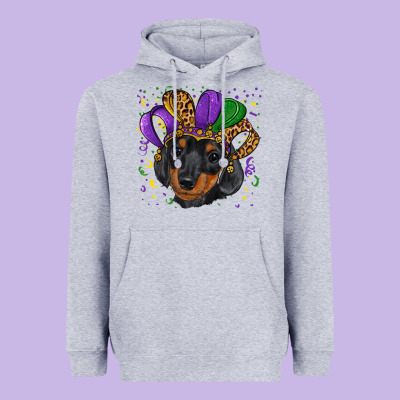 Heavyweight Hoodie mardi gras hat dachshund puppy