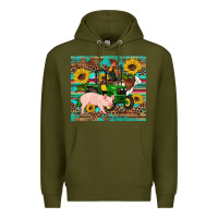 Army Green western farm tractor pig rooster cow sunflowers Premium Hoodie - Artiststas
