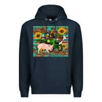Navy western farm tractor pig rooster cow sunflowers Premium Hoodie - Artiststas