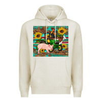 Oatmeal Heather western farm tractor pig rooster cow sunflowers Premium Hoodie - Artiststas