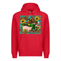 Red western farm tractor pig rooster cow sunflowers Premium Hoodie - Artiststas