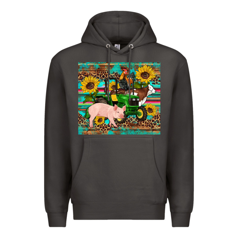 Western Farm Tractor Pig Rooster Cow Sunflowers Premium Hoodie by Artiststas | Teevron