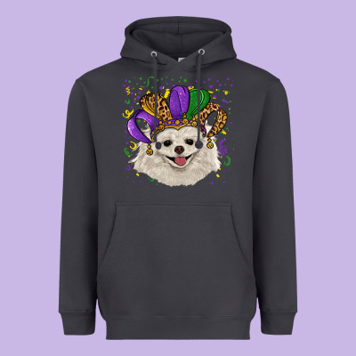 Heavyweight Hoodie mardi gras hat white pomeranian