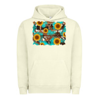Pigment Pistachio sunflower and cowhides with wood and turquoise background Urban Hoodie - Artiststas
