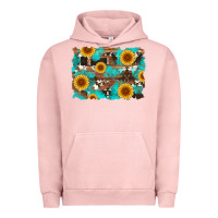 Pigment Salmon sunflower and cowhides with wood and turquoise background Urban Hoodie - Artiststas
