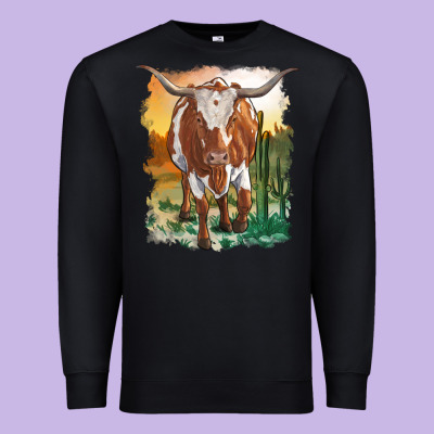 Longhorn Cow With Desert Background Premium Sweatshirt Designed By Ranaportraitstore