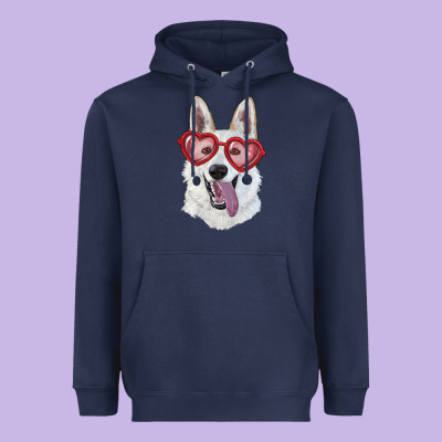 Heavyweight Hoodie white shepherd with love glasses