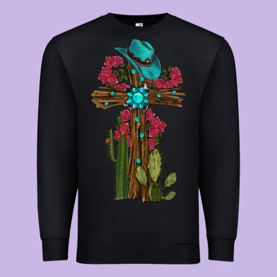 Cross Gemstone Cactus Roses Cowboy Hat Premium Sweatshirt Designed By Ranaportraitstore
