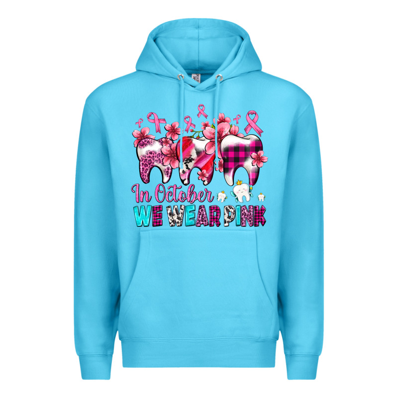 In October We Wear Pink Cancer Ribbon With Teeth Premium Hoodie by AdoDesignShop | Teevron